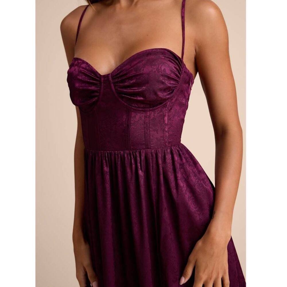 NEW Lulus Vasilia Plum Purple Satin Jacquard Full Tiered Corset Maxi Dress Small - Picture 5 of 11